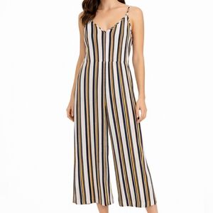 Ambiance Striped V-Neck Wide-Leg Jumpsuit in Navy, Cream & Mustard